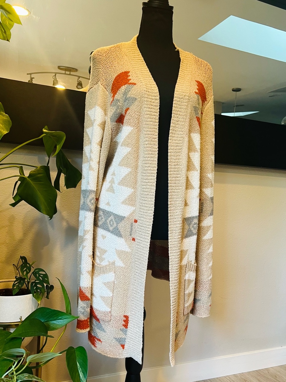 Neutral Aztec Open-Front Cardigan Sweater in Beige